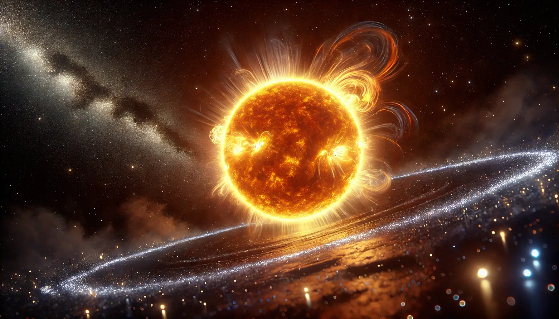 A photorealistic image to accompany a blog post about why the sun shines. The scene features a vivid depiction of the sun in space glowing brightly SimpleScienceAnswers