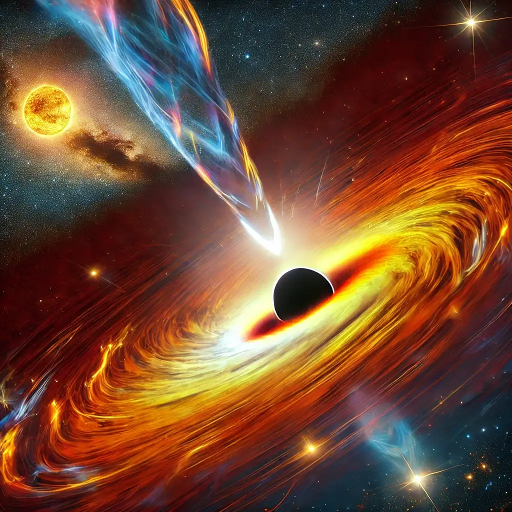 DALL·E 2024 11 28 16.17.58 A vivid and dramatic scene of a black hole consuming a nearby star. Streams of matter are being pulled from the star into the black holes accretion d 1 SimpleScienceAnswers