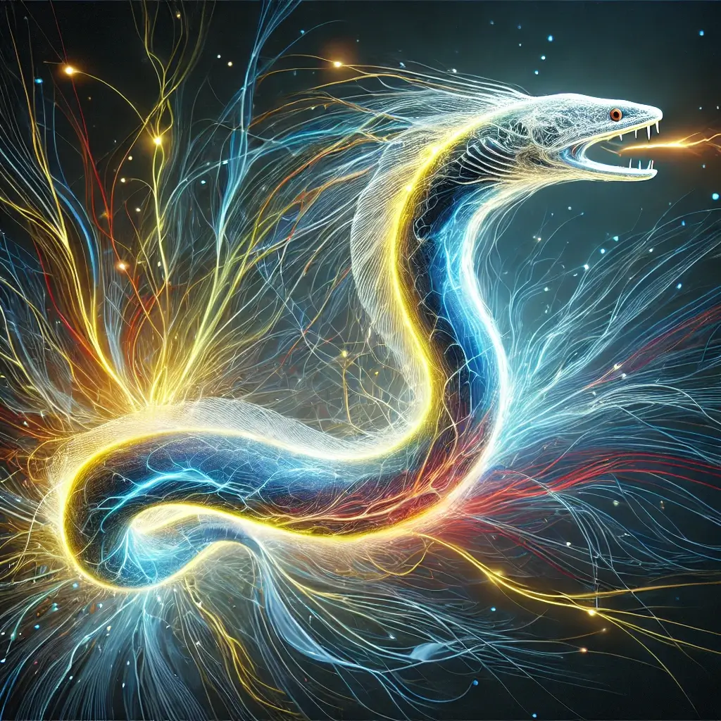 DALL·E 2024 11 28 16.49.51 An abstract and artistic visualization of electric impulses traveling through the body of an electric eel. The image depicts vibrant glowing energy l 1 SimpleScienceAnswers