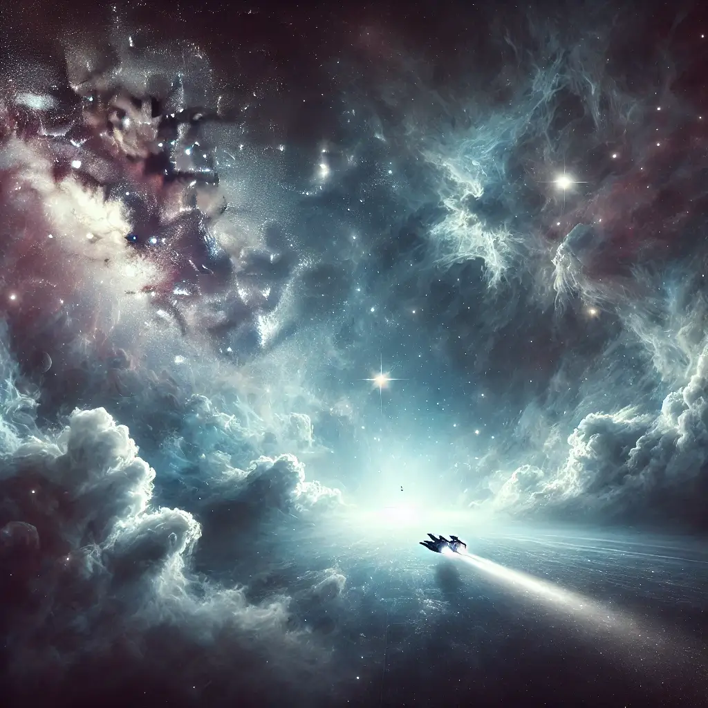 DALL·E 2024 11 28 17.01.58 A captivating image of a tiny spaceship venturing into the heart of a vast cosmic void. The scene features faintly glowing stars and ghostly nebulae i 1 SimpleScienceAnswers