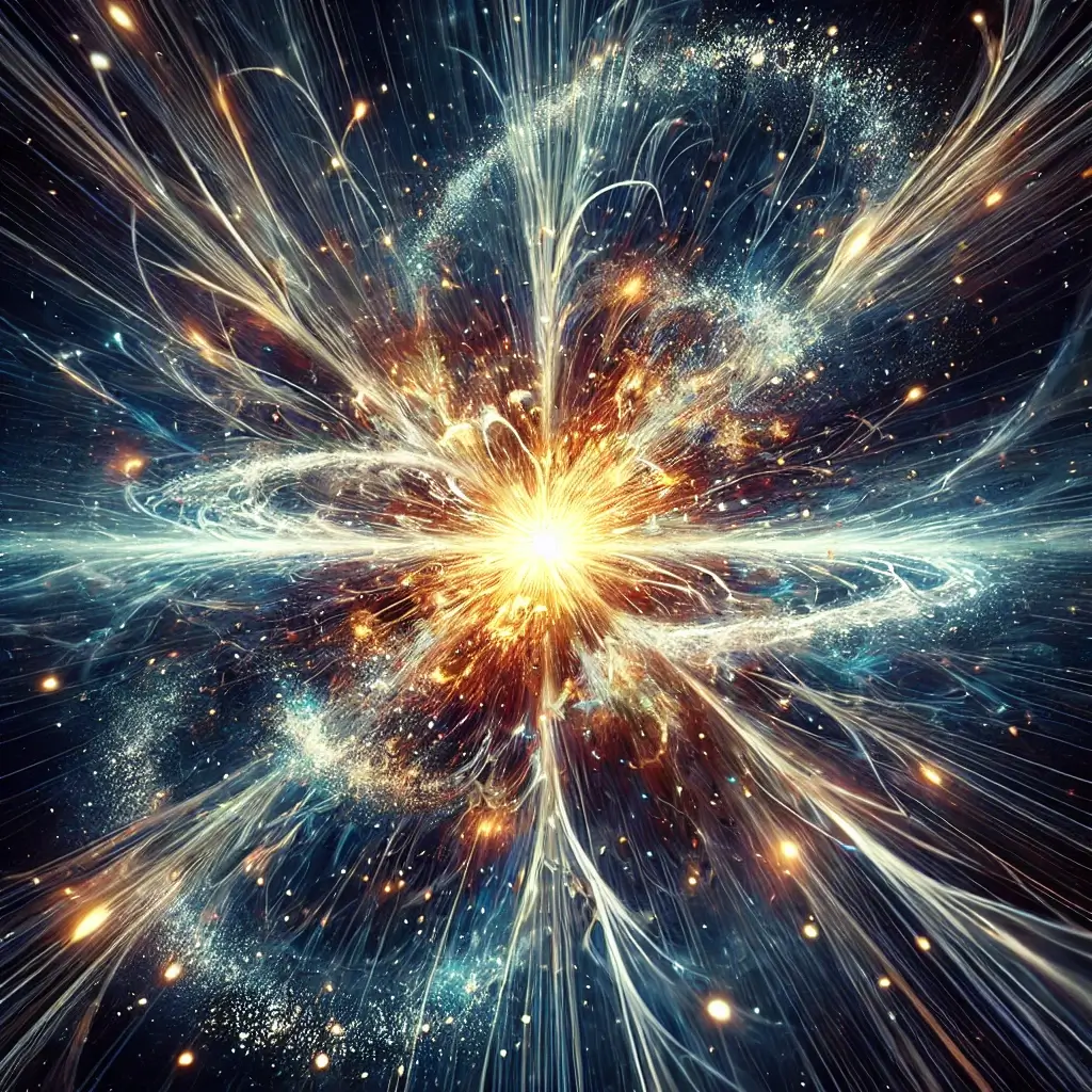 DALL·E 2024 11 29 11.37.01 A breathtaking visualization of the Big Bang depicting radiant energy and particles explosively bursting outward into a vast dark void. The scene fe 1 SimpleScienceAnswers