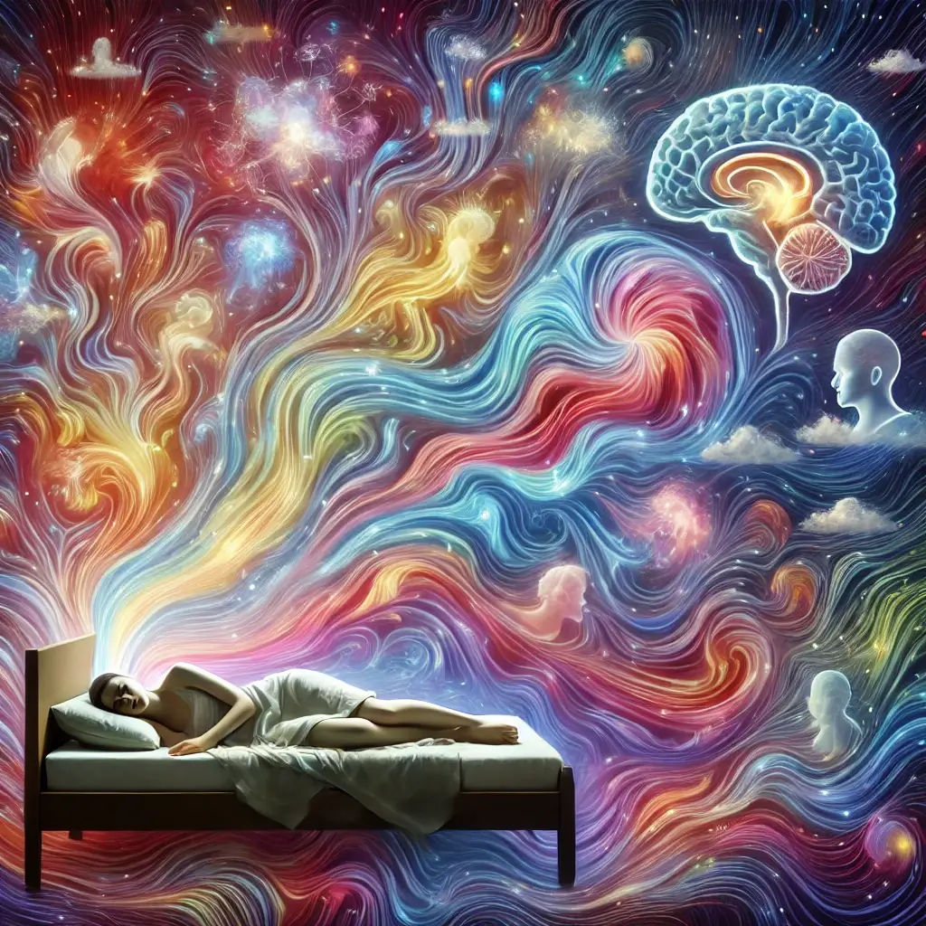 DALL·E 2024 11 29 11.51.51 A surreal and artistic depiction of a person asleep in a bed surrounded by a vivid and abstract dreamscape. The scene features the sleeper at the cen 1 SimpleScienceAnswers