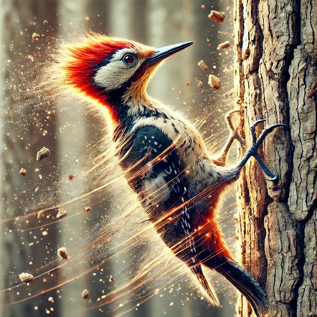 DALL·E 2024 11 29 12.22.32 A dynamic and detailed artistic rendering of a woodpecker in mid peck against a tree. The bird is shown striking the tree bark with its beak and the 1 SimpleScienceAnswers