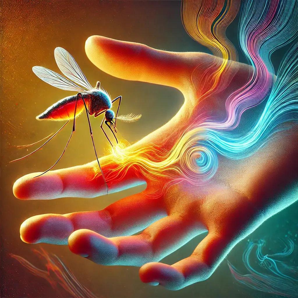 DALL·E 2024 11 29 12.37.49 A close up artistic illustration of a smaller mosquito being drawn to a human hand. The scene highlights glowing heat emanating from the hand in infra 1 SimpleScienceAnswers