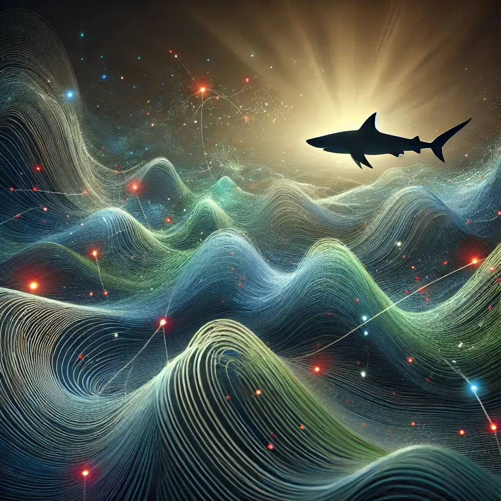 DALL·E 2024 11 29 12.44.32 An abstract representation of a sharks olfactory sensitivity featuring dynamic waves and particles converging toward the silhouette of a shark in th 1 SimpleScienceAnswers