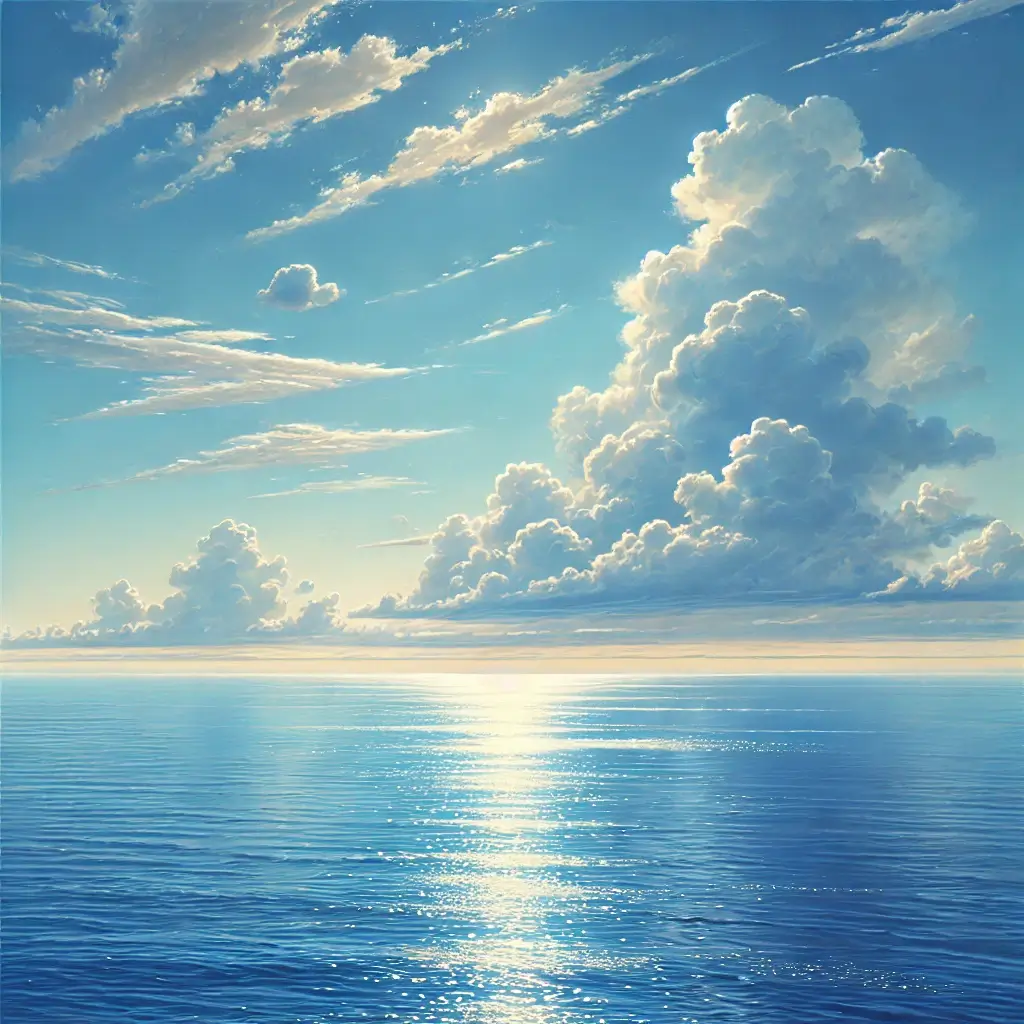 DALL·E 2024 12 12 23.25.08 A beautiful expansive blue sky meeting the horizon over a calm sparkling ocean. The water reflects the soft hues of the sky shimmering gently under 1 SimpleScienceAnswers