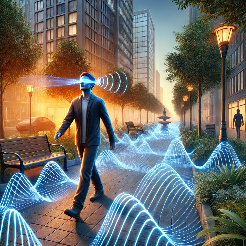 DALL·E 2024 12 16 00.01.58 A realistic and artistic depiction of a blind man walking confidently in a city park using echolocation by making a clicking sound with his tongue. T SimpleScienceAnswers